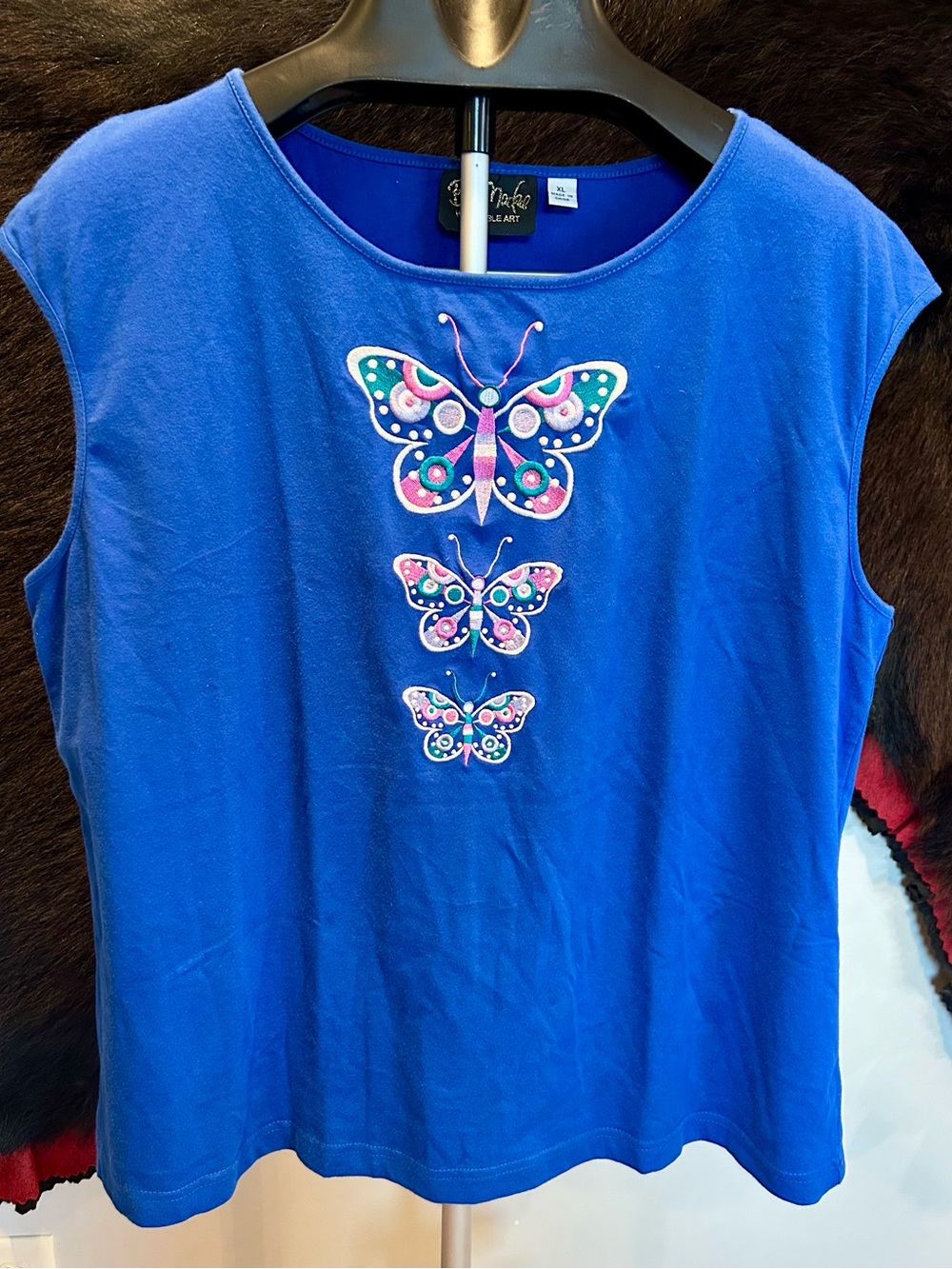 Bob Mackie Wearable Art Blue Sleeveless Tank with Butterfly Embroidery Sz XL